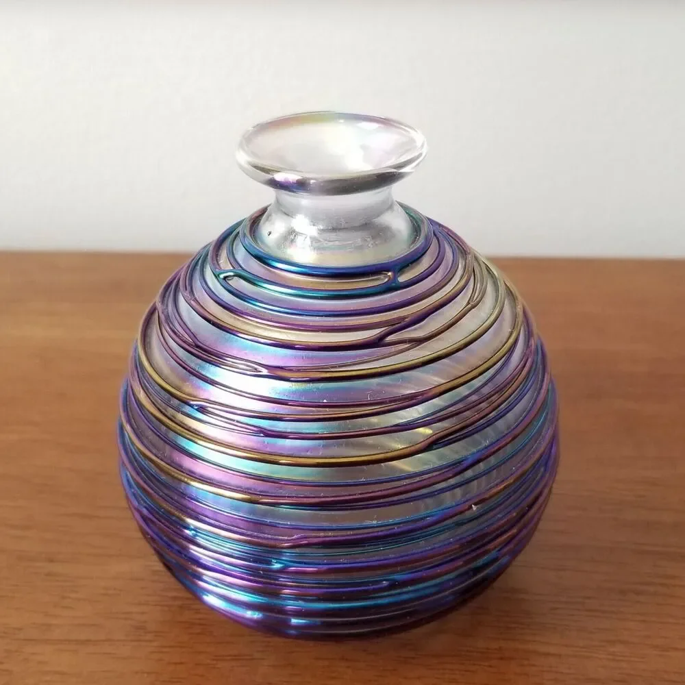 VTG Art Blown Glass Bottle Bud Vase Blue Copper Purple Iridescent Heavy Small